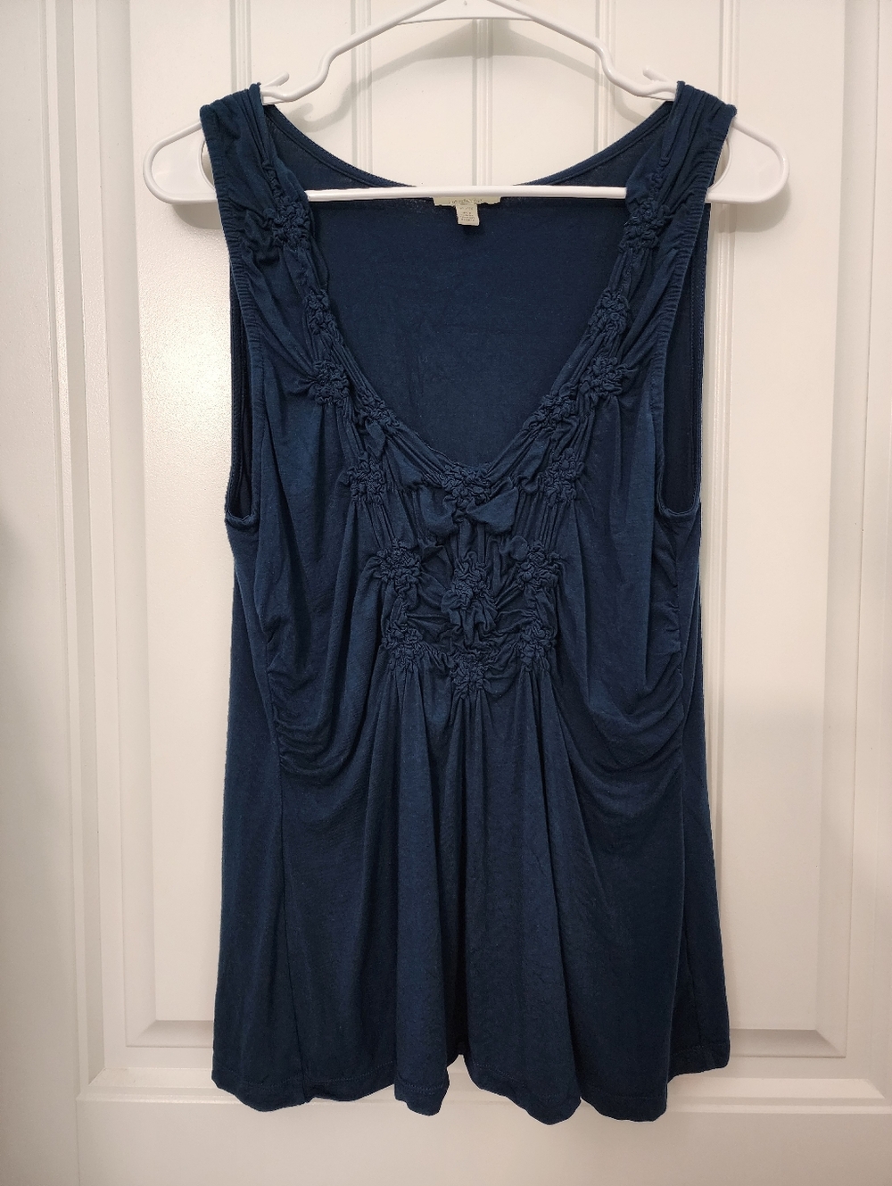 Bordeaux Womens Dark Blue Sleeveless Shirt with Floral Ruching, Size XL